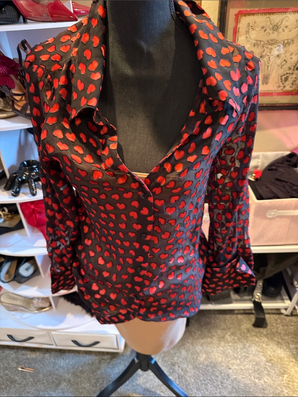 Alice + Olivia Black Button-Down Shirt with Red Heart Print